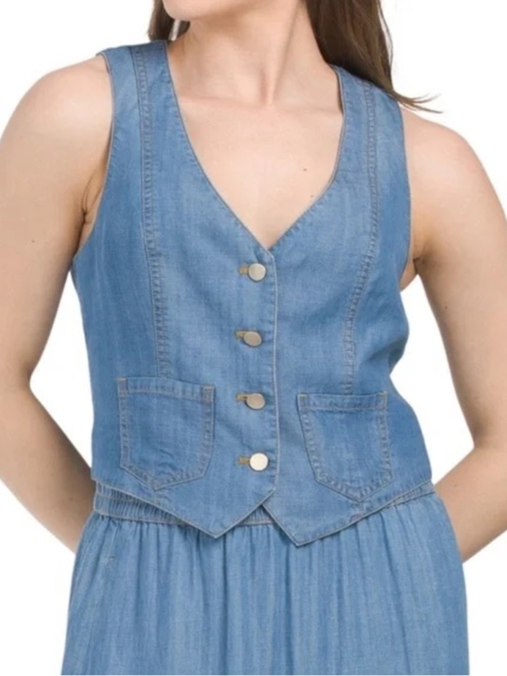 Sigrid Olsen Tencel Soft Chambray Vest Button Front Pockets NWT Sz Med